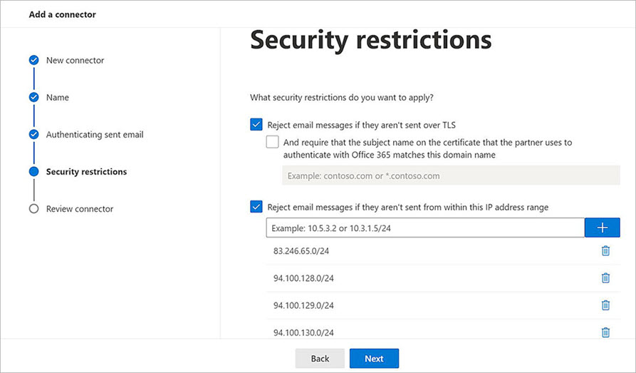 Screenshot of the Microsoft 365 Security restrictions page